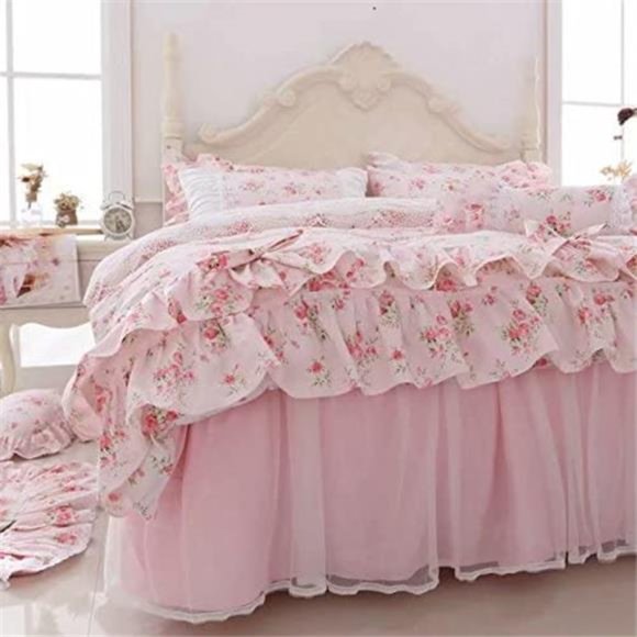 Floral Rose Print Duvet Cover Set Light Pink Lace Ruffle Floral Shabby Chic NWT - Picture 5 of 7